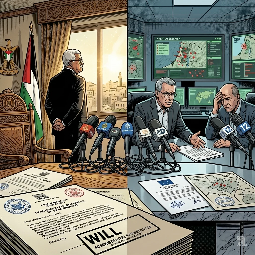 Split composition showing Mahmoud Abbas standing at a window in Ramallah and former Shin Bet chiefs holding a security briefing.