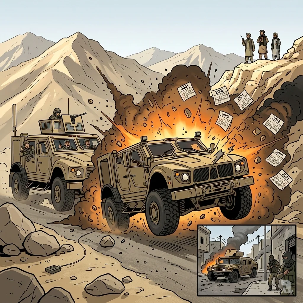Mid-explosion IED blast lifts U.S. MRAP on dusty Afghan road, dust plume and fire engulfing vehicle; distant Taliban silhouettes observe from ridge, wire trigger hidden in rocks, inset vignette of Iraqi Humvee ambush linking prolonged asymmetric conflicts from 2001-2021.