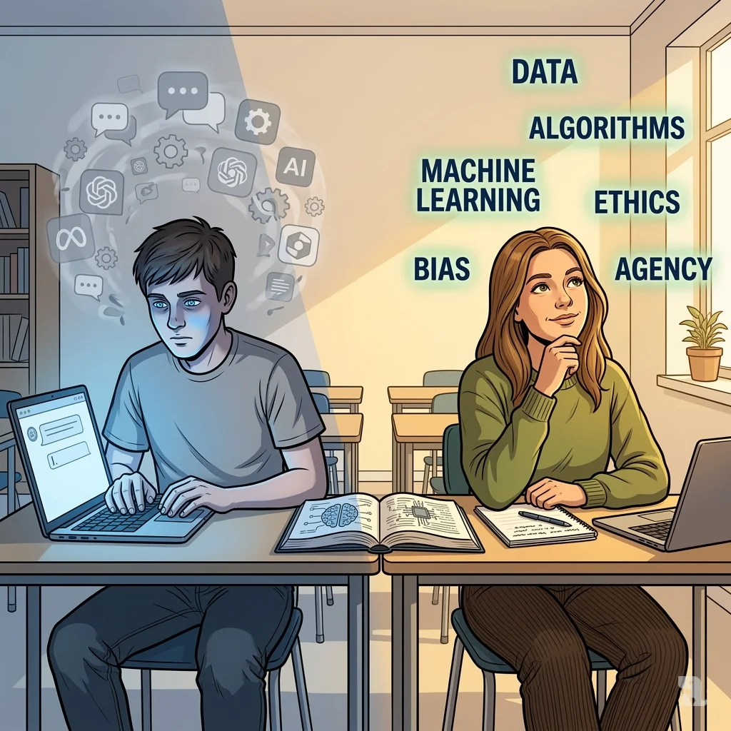 Split scene comparing a student robotically using AI tools on the left against a thoughtful student building agency through understanding on the right.