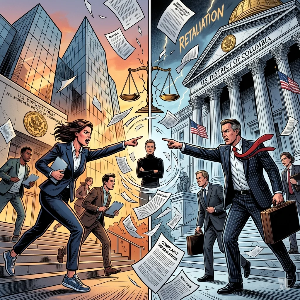 A storm of legal documents swirls between a modern San Francisco courthouse and a classical Washington D.C. courthouse, lawyers pointing in accusation.