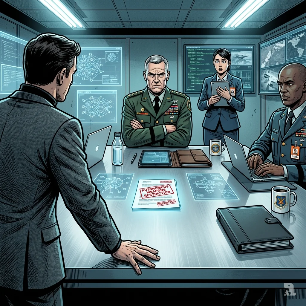 Anthropic executive and Pentagon official face off over autonomous weapons documents in a sterile war room, holographic neural networks glowing between them.