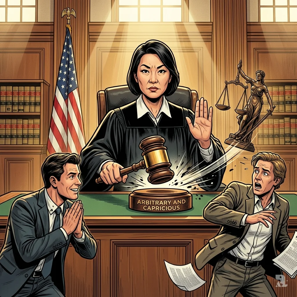Judge Rita Lin strikes her gavel on a block reading "Arbitrary and Capricious" as government attorneys recoil and Anthropic lawyers lean forward in relief.