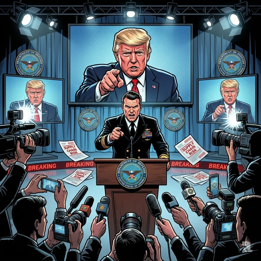 Pete Hegseth points aggressively at a Pentagon podium as President Trump looms on screens behind him, surrounded by a chaotic press pool.