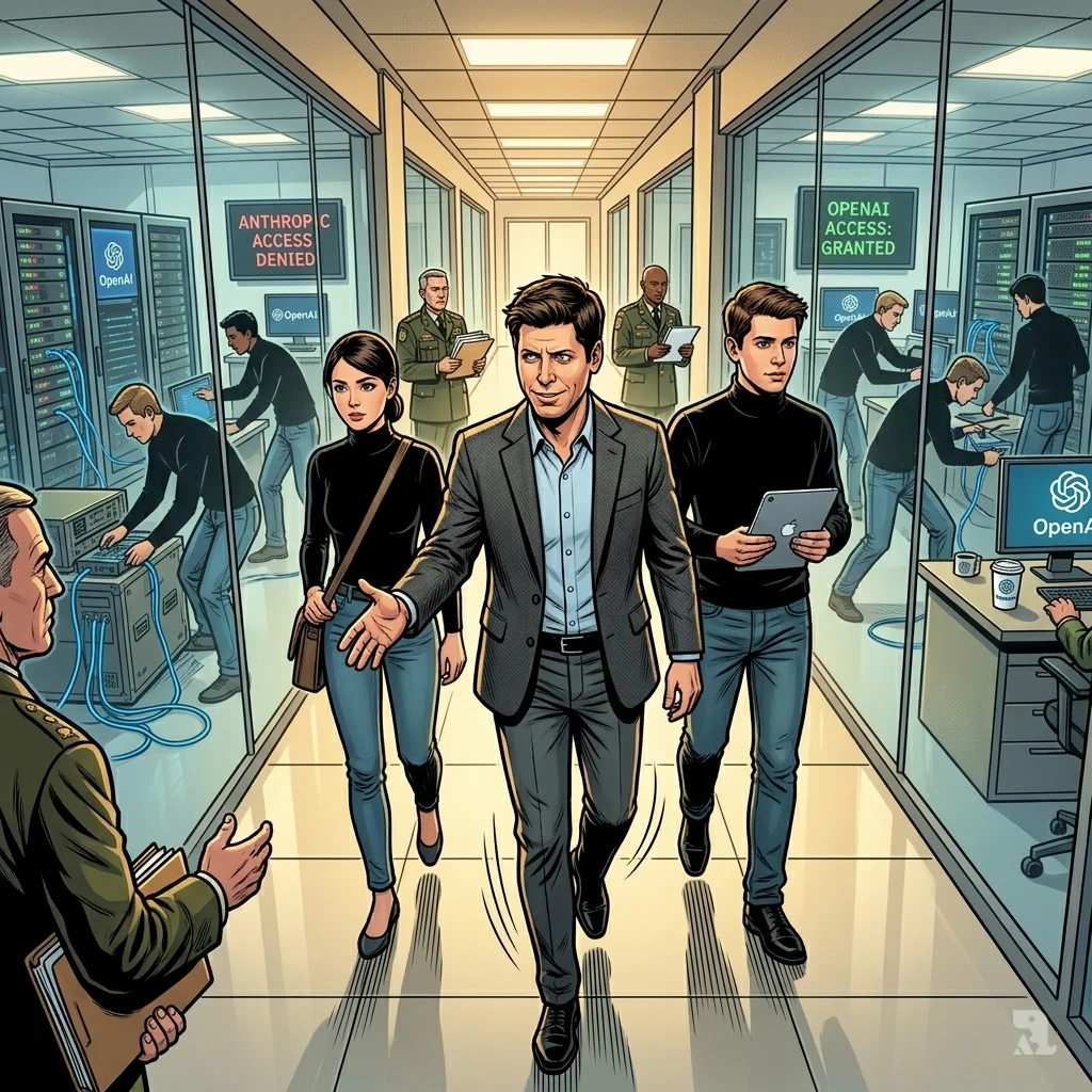 Sam Altman strides through a Pentagon corridor with OpenAI engineers as screens behind him switch from "Anthropic Denied" to "Access Granted."