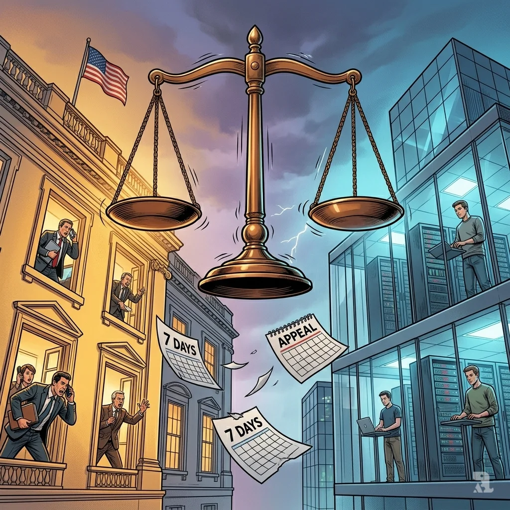 Golden scales of justice tremble in twilight between the White House and Anthropic HQ as a calendar tears away pages reading "Appeal."