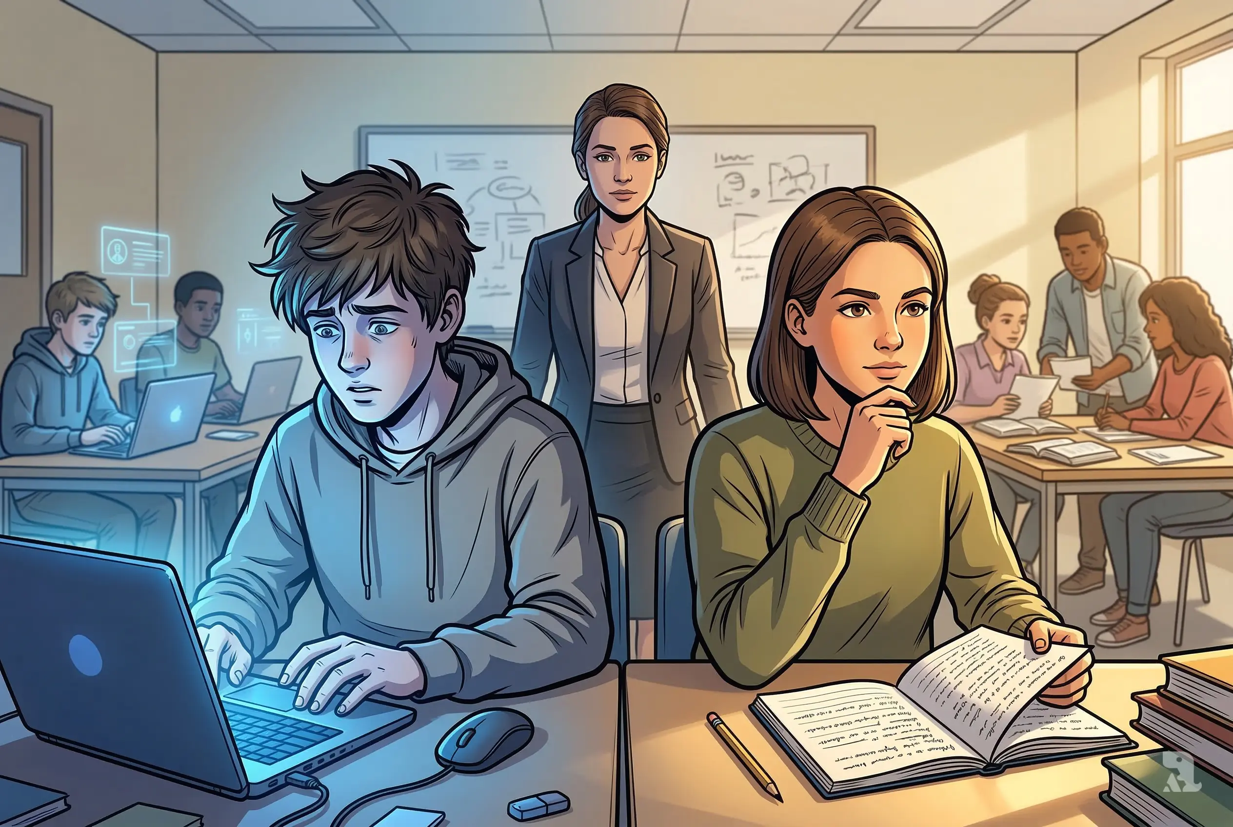 Two students contrast AI dependence versus thoughtful learning in classroom, teacher observing behind, cinematic lighting split between cold screen glow and warm sunlight.