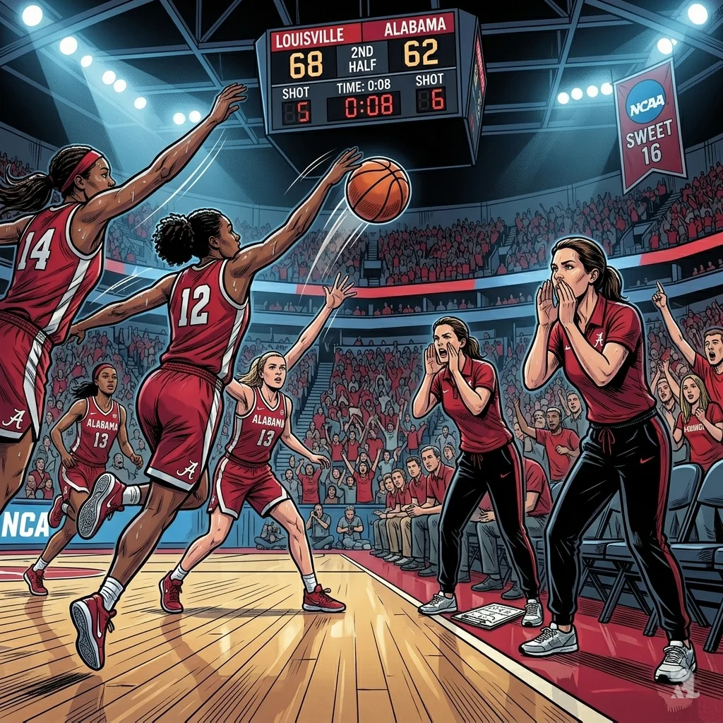 NCAA tournament action with Alabama players in motion and Kristy Curry shouting from sideline under scoreboard.