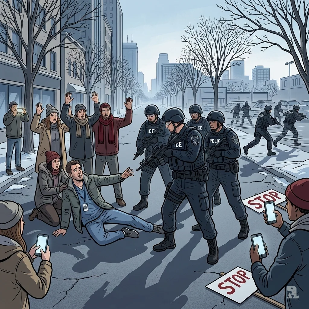 Low-angle view of federal agents in tactical gear on a Minneapolis street. A man in scrubs, Alex Pretti, lies on the pavement as protestors react in horror.