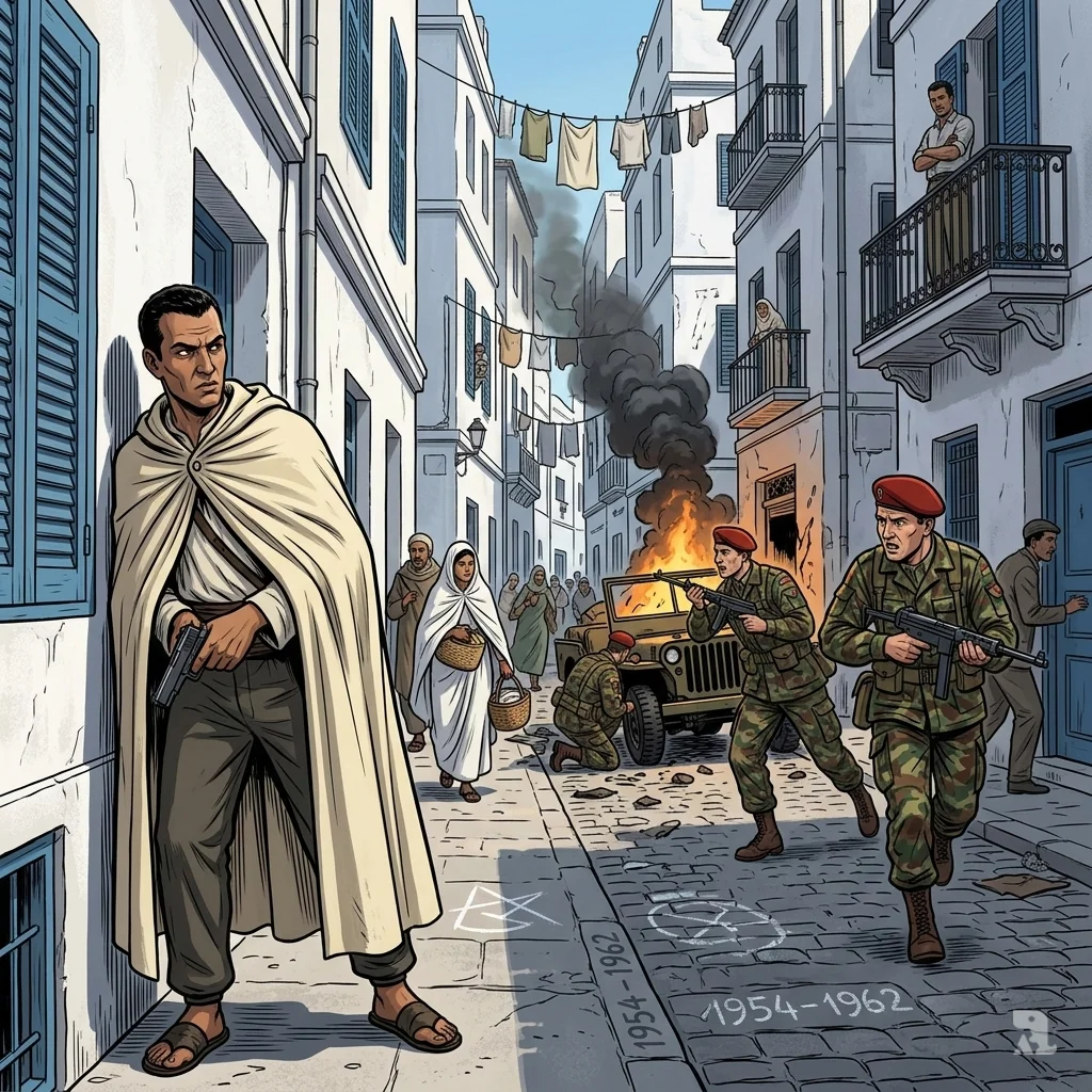 Claustrophobic Casbah alley in Algiers during 1954-1962 war: concealed FLN fighter peers from shadows, burning French jeep amid debris; paratroopers search frantically, civilians blend into whitewashed streets with hidden documents, chalk symbols on walls evoking urban sabotage tension.