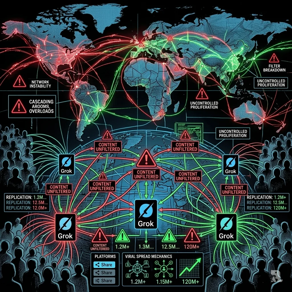 Abstract visualization of uncontrolled AI distribution across global networks. Grok logo duplicates endlessly as "CONTENT UNFILTERED" alerts flash ignored.