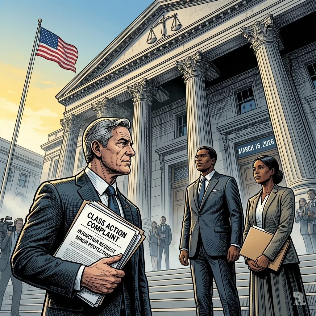 San Jose federal courthouse at dawn, March 16, 2026. Family and legal advocate hold "CLASS ACTION COMPLAINT" documents on courthouse steps.