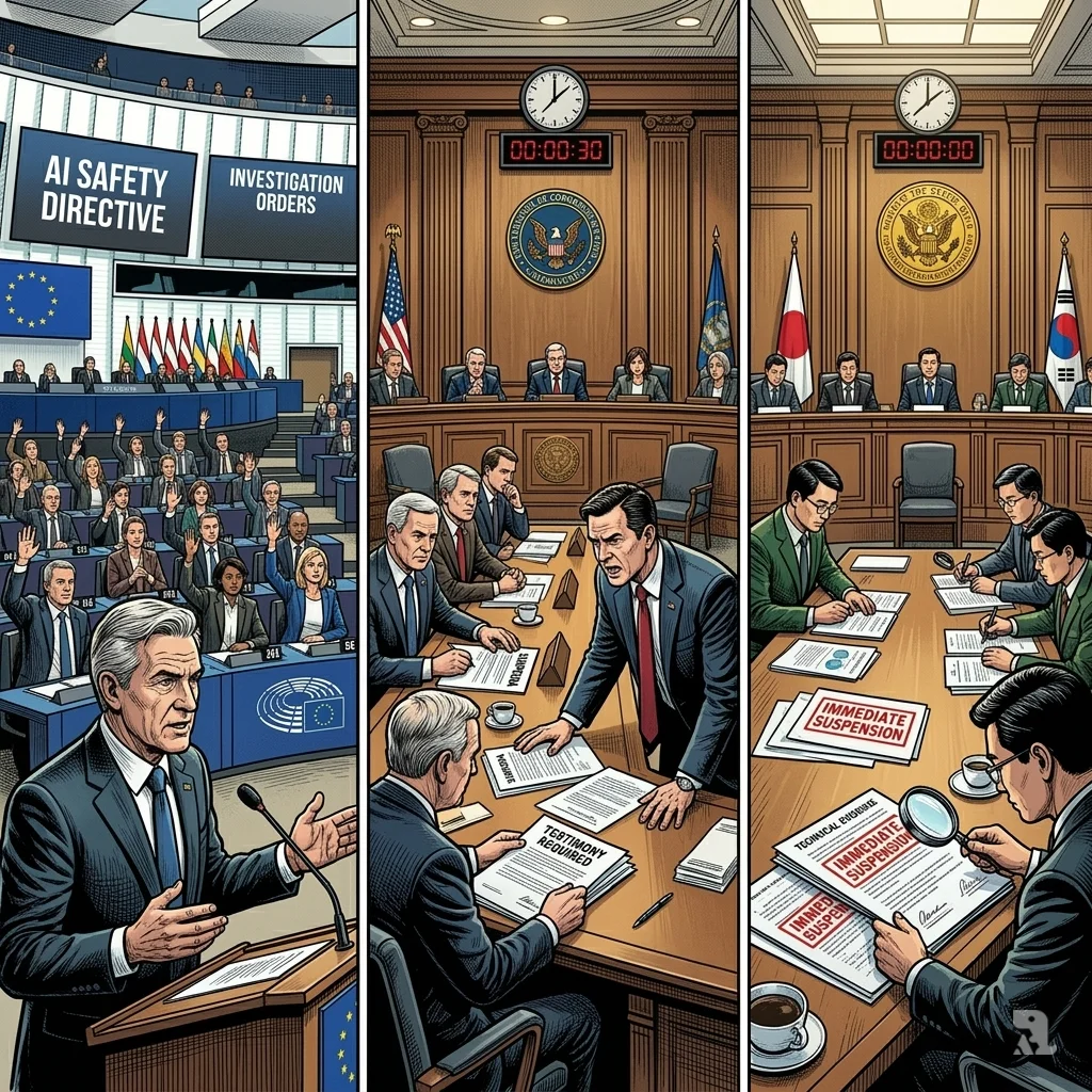 Triptych of global regulatory action. European Parliament votes on "AI SAFETY DIRECTIVE." US senators hold "SUBPOENA" documents. Asian regulators stamp "IMMEDIATE SUSPENSION."