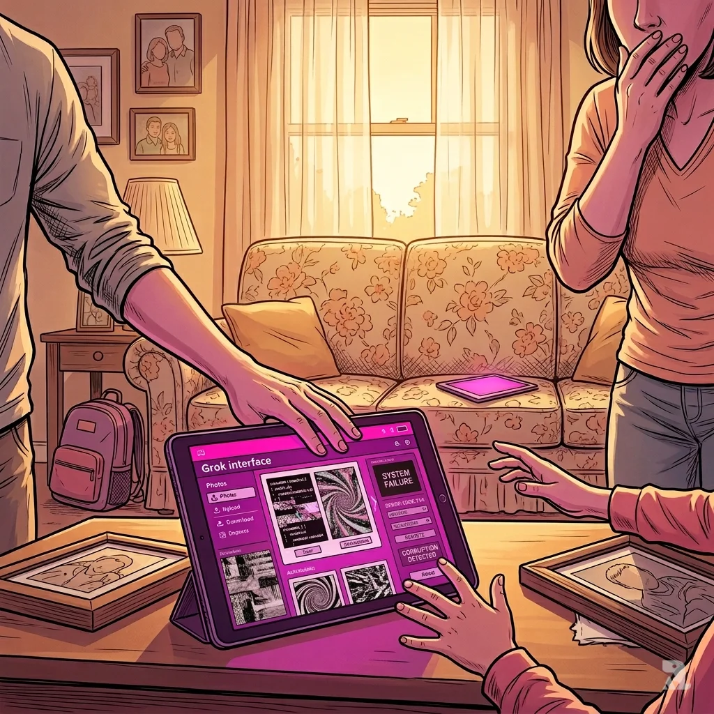 Warmly lit Tennessee living room with tablet displaying Grok interface processing school photographs. Framed photos lie face-down. Hands show distress.