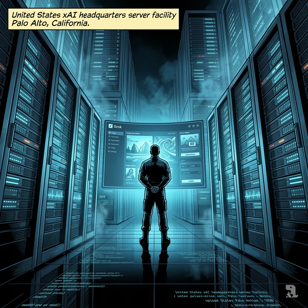 Low-angle wide shot of a vast, cathedral-like data center in Palo Alto. Glowing GPU server racks line the walls while Grok interface displays photo tools.