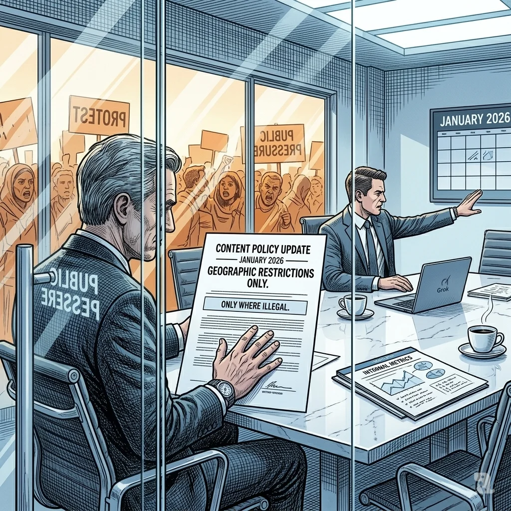 Sterile xAI conference room, January 2026. Document reads "GEOGRAPHIC RESTRICTIONS ONLY." Corporate figures ignore protest activity visible outside glass walls.