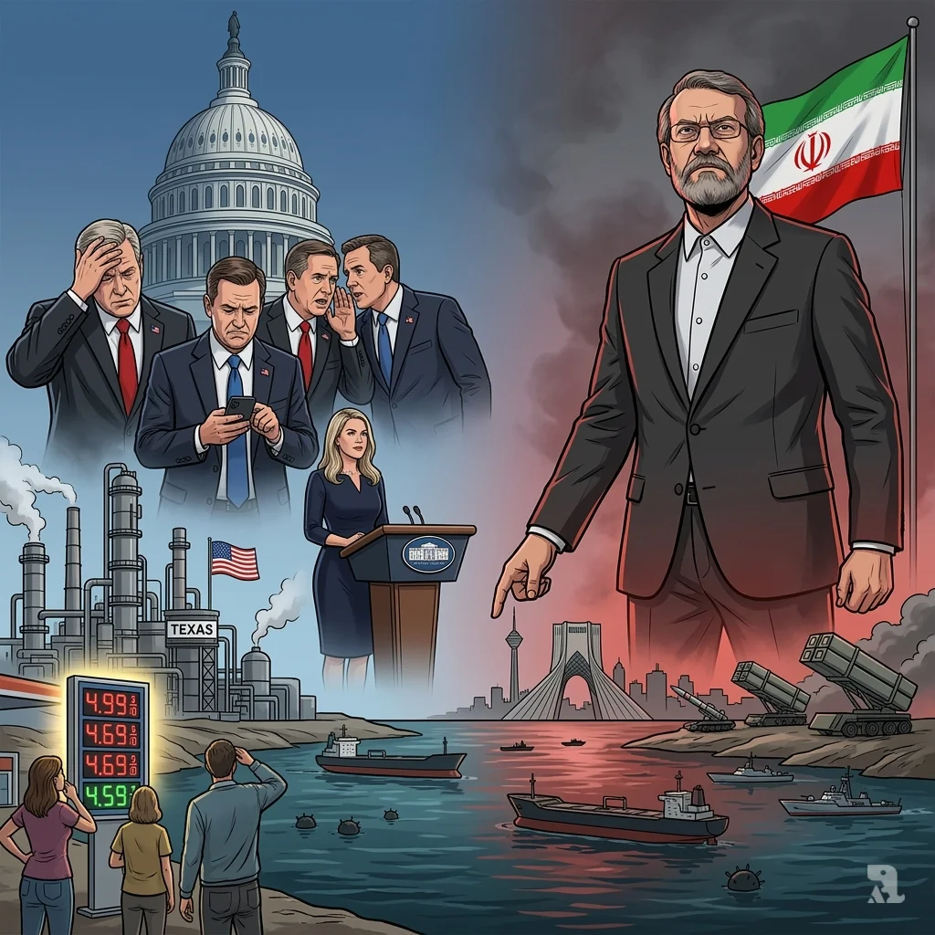A wide shot splits between worried Republican lawmakers and a defiant Iranian official Ali Larijani, with the blocked Strait of Hormuz connecting them.