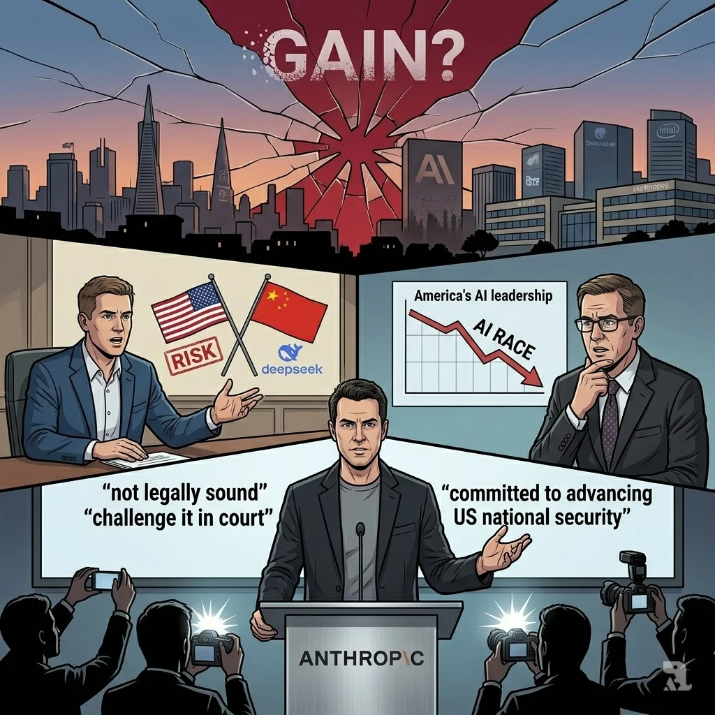 Dario Amodei defiantly speaks at a press conference as a cracked American skyline looms behind him, symbolizing experts' warnings of self-inflicted AI harm.