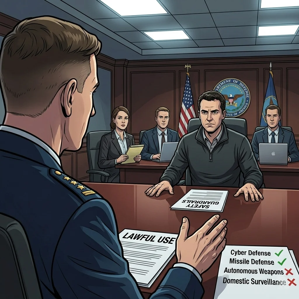 Anthropic CEO Dario Amodei faces Pentagon officials across a conference table, presenting safety guardrails as they demand unrestricted access to the AI.