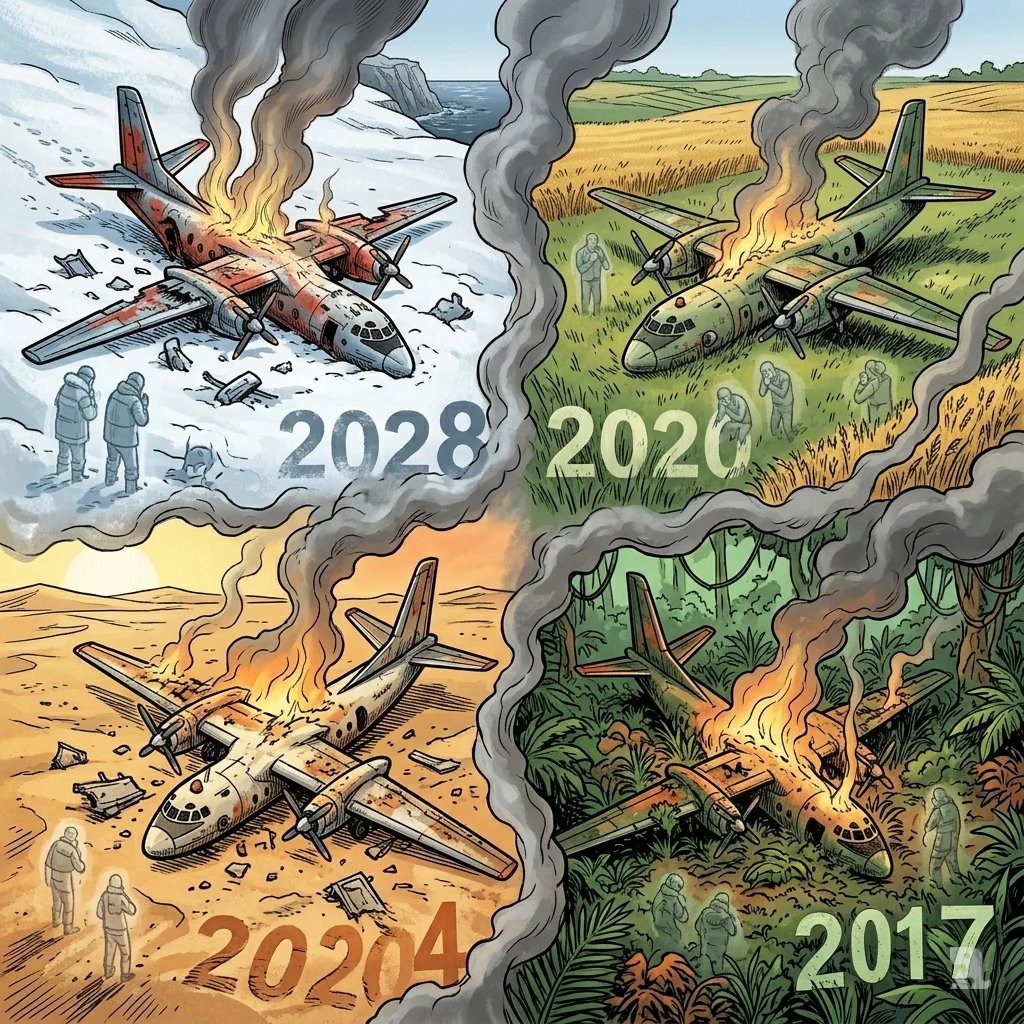 Split-screen montage showing four An-26 crash sites across Ukraine, South Sudan, and Ivory Coast, highlighting a deadly pattern.