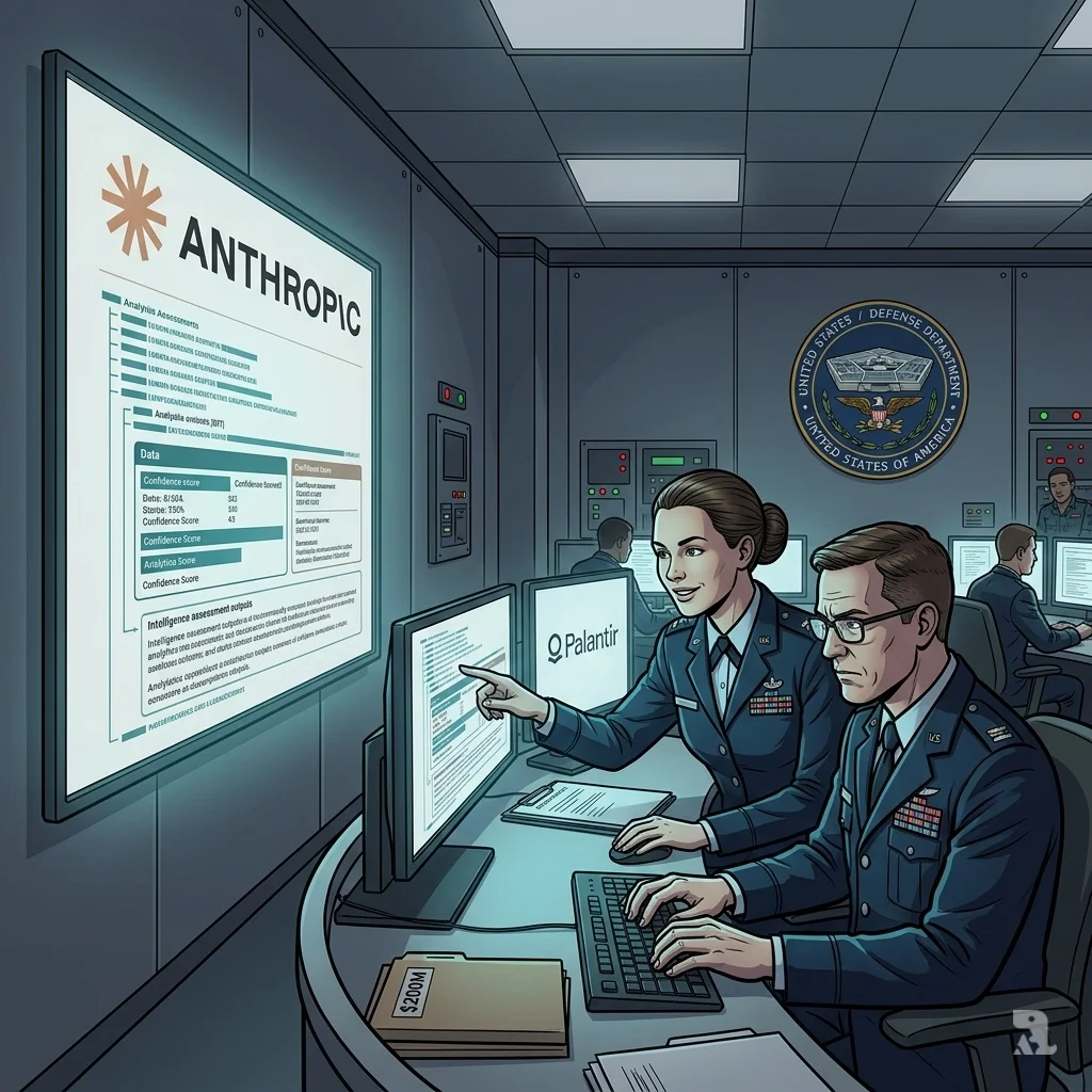 Military analysts in a dimly lit Pentagon room work with Anthropic's Claude AI on classified networks, the interface displaying data on large screens.