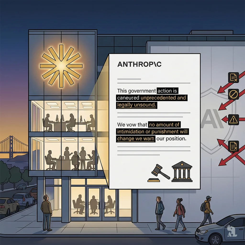 Anthropic's San Francisco headquarters stands illuminated at dusk as a formal company statement emerges, vowing to challenge the government's "unprecedented" actions in court.