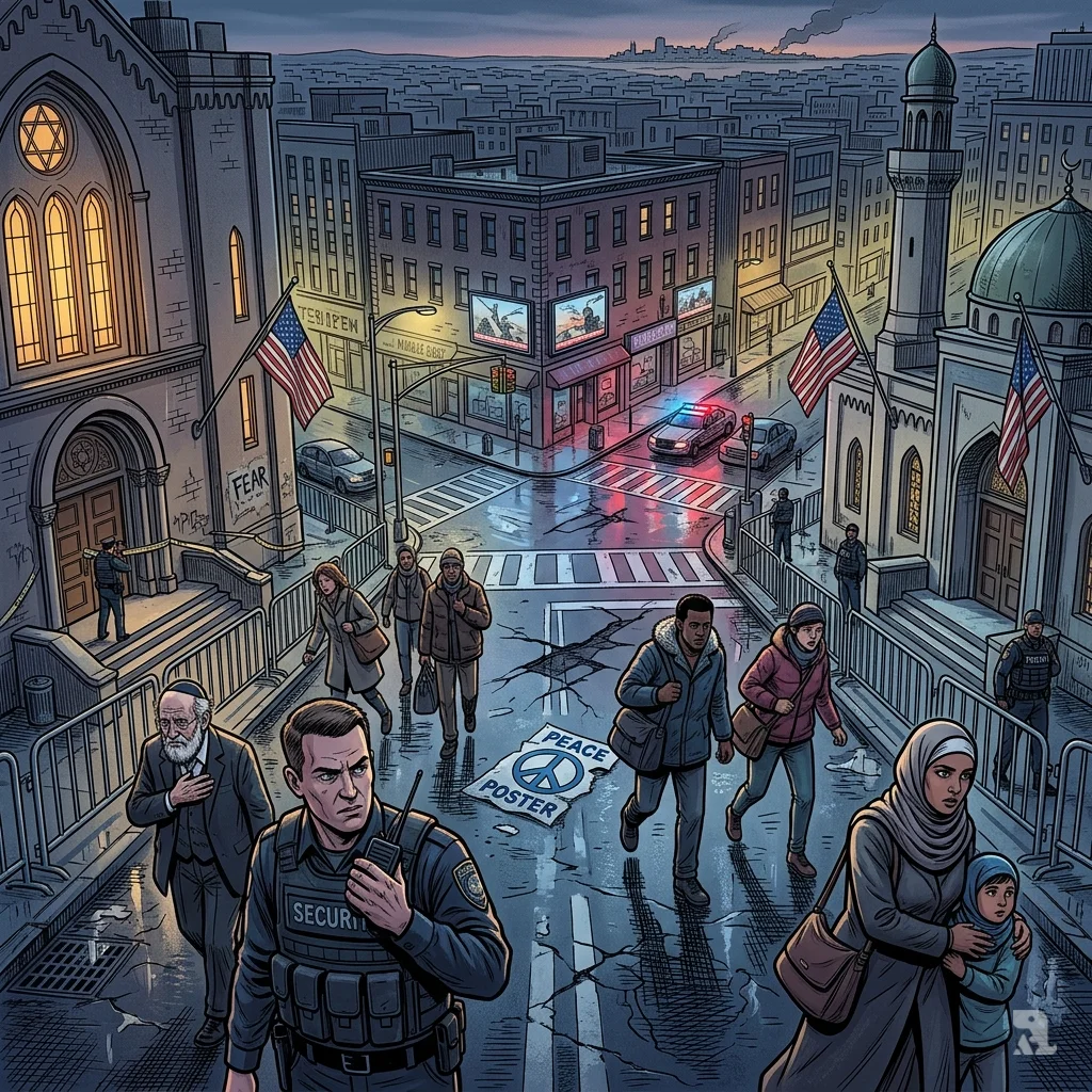 Wide shot of a rainy American street with a synagogue and mosque, both guarded by police. Pedestrians hurry past, tense and anxious.