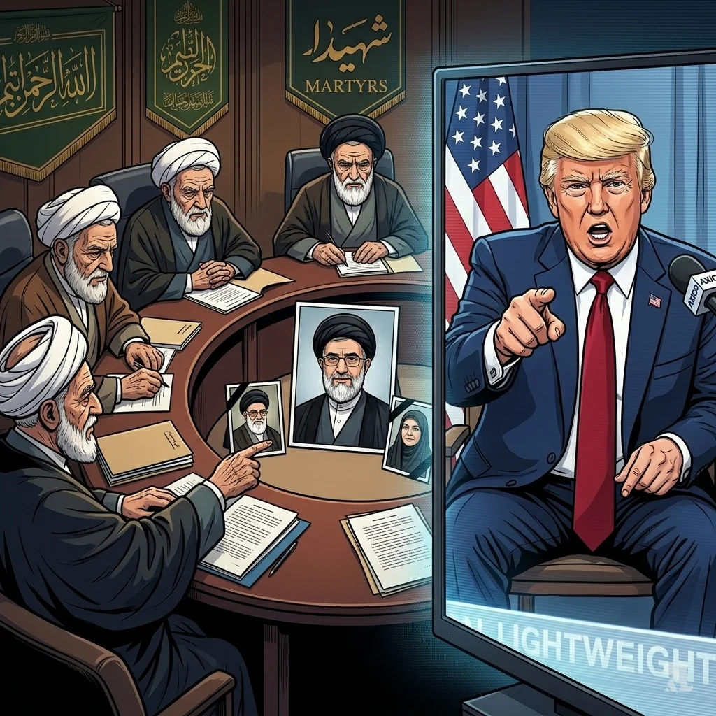 Elderly clerics of Iran's Assembly of Experts deliberate intensely around a table with Mojtaba Khamenei's photo. Inset, Donald Trump points aggressively during an interview, calling him a "lightweight."
