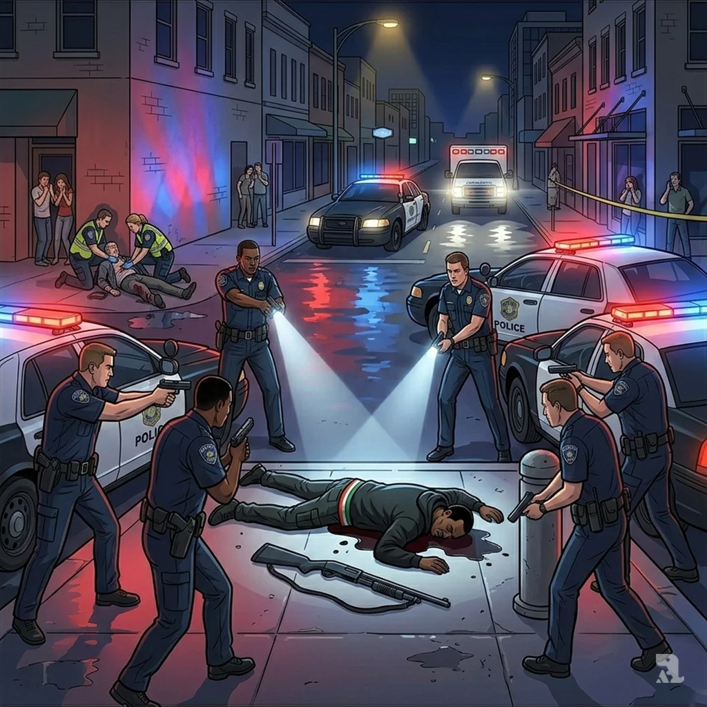 Austin police officers in a tactical semicircle aim their weapons at the suspect, who lies dead on the pavement. Emergency lights wash the scene in red and blue.