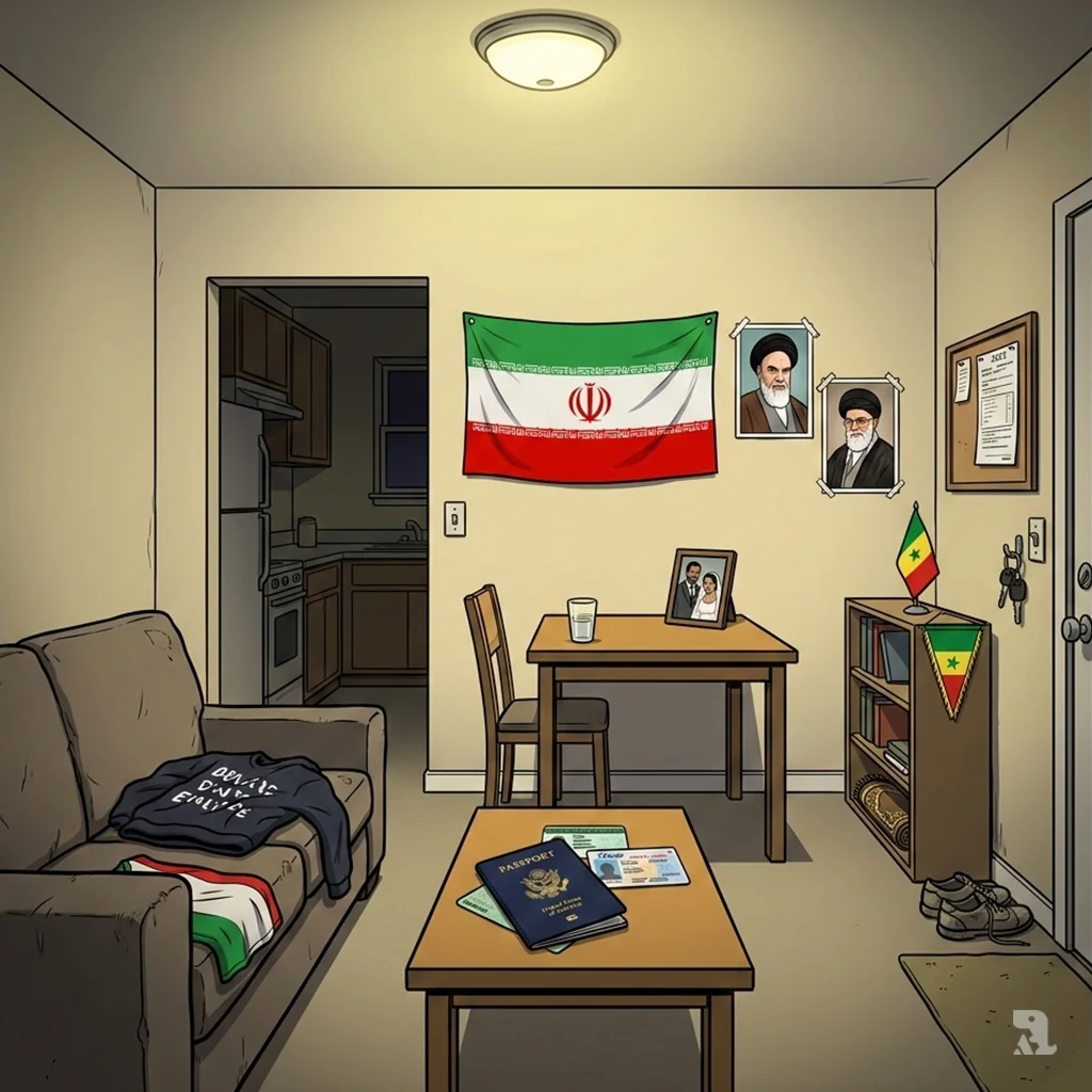 An empty apartment in Pflugerville, Texas, shows an Iranian flag and portraits of regime leaders pinned to the wall, contrasting with a US passport and green card on the table.