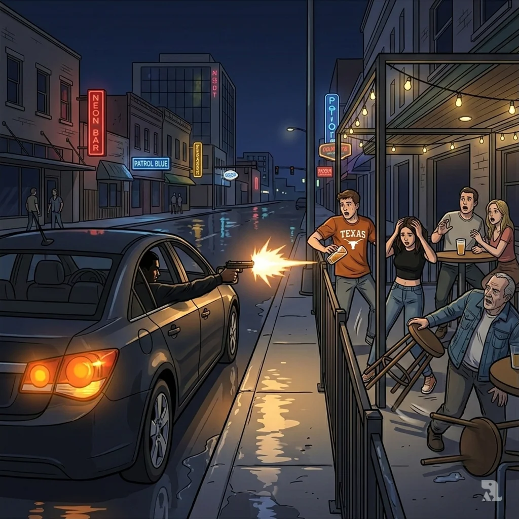 A muzzle flash erupts from a dark car's window on Austin's Sixth Street. Patrons outside Buford's Backyard Beer Garden begin to react in shock as the attack begins.
