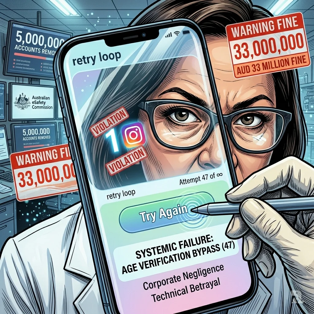 An extreme close-up of a smartphone screen showing a repeated age verification loop, reflecting the eye of an Australian investigator.