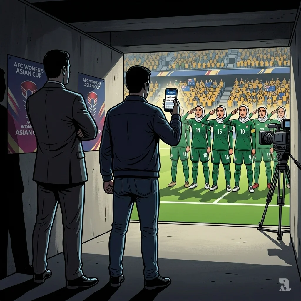 Iranian government minders watch from stadium tunnel as women's team sings anthem and salutes before Australia match under coercion.