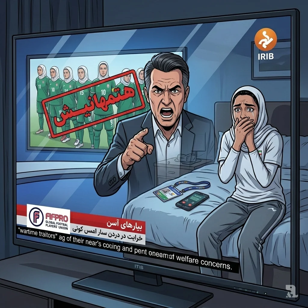 Hotel room TV shows Iranian state broadcaster labeling women's football team traitors, with distressed player reflected in screen.