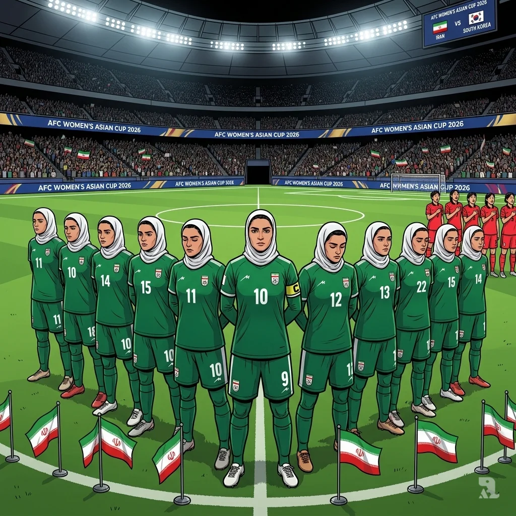 Iranian women's football team stands silently on Queensland stadium pitch during national anthem before South Korea match, protesting amid airstrikes.
