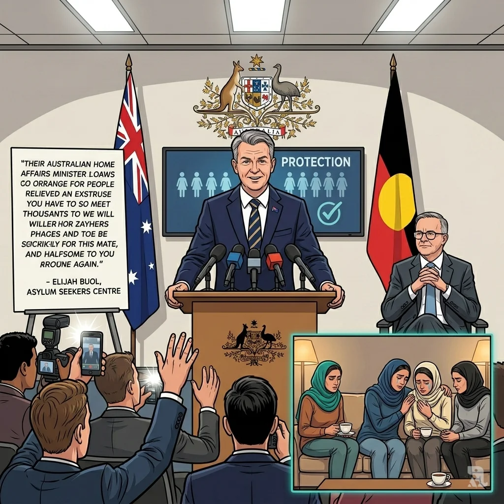 Australian Home Affairs Minister Burke announces asylum visas for five Iranian women footballers at press conference with inset safe house scene.