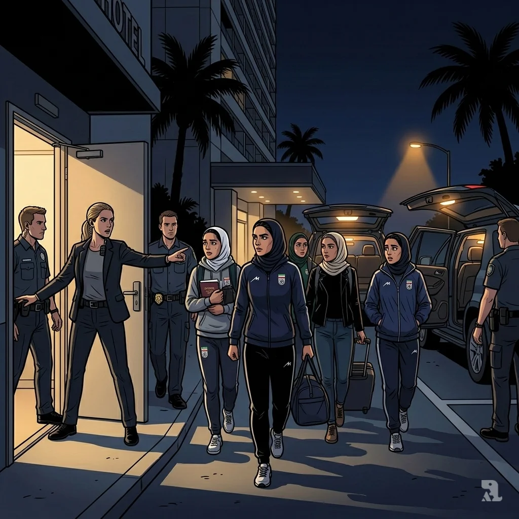 Five Iranian women footballers escorted by Australian police from Gold Coast hotel at night into unmarked vehicles for safety.