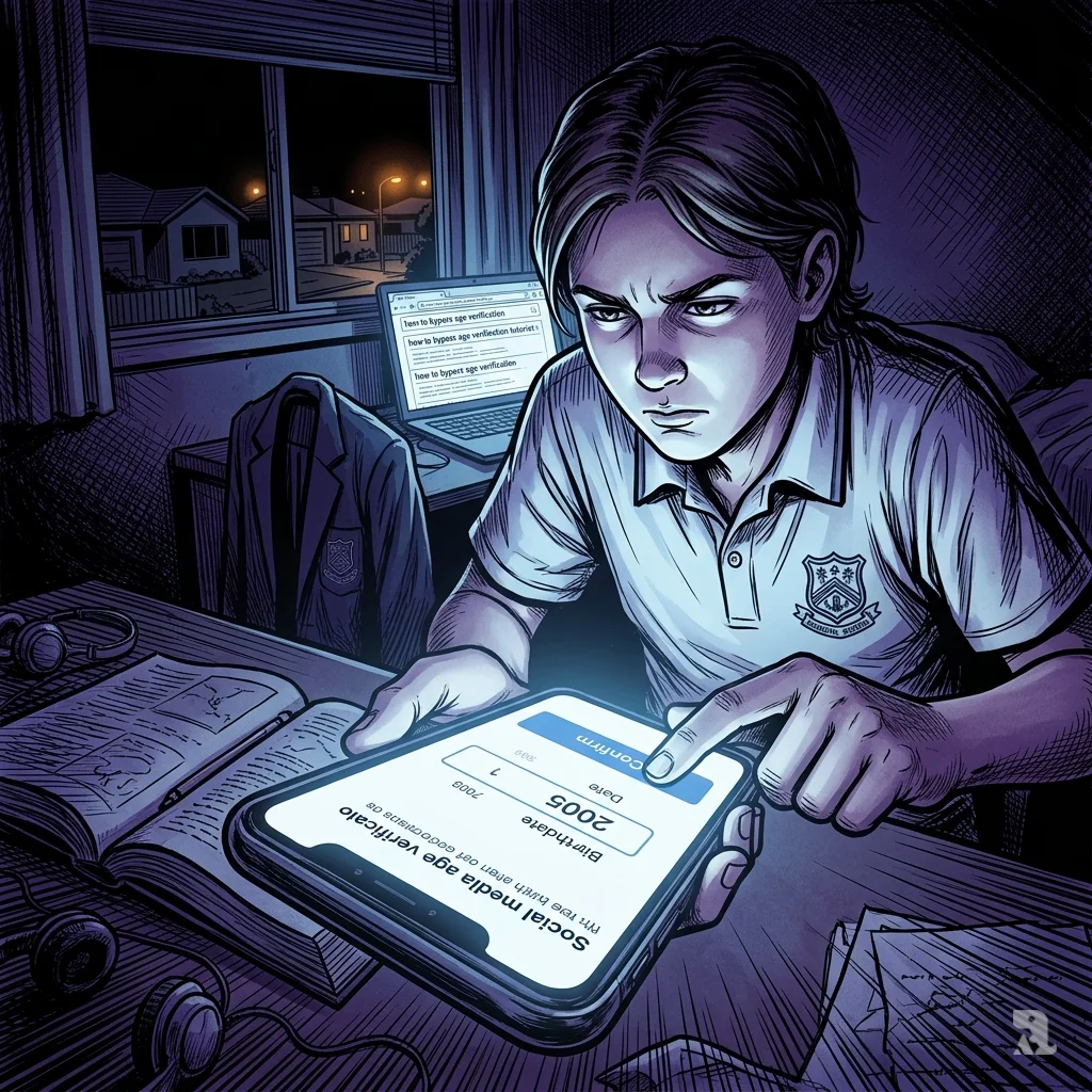A teenager's face illuminated by a smartphone in a dark bedroom, finger hovering over a fake birthdate on an age verification screen.