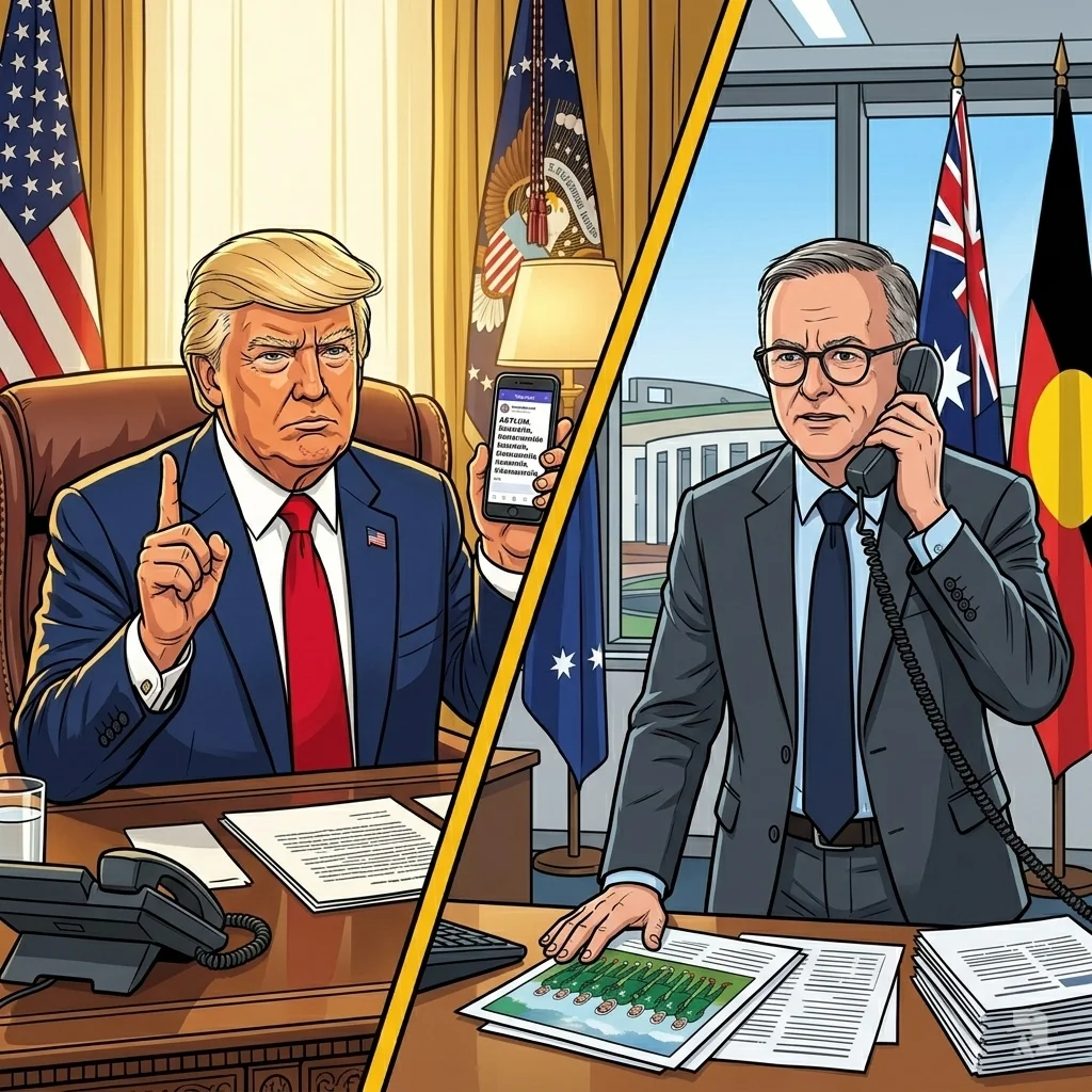 Split view of US President Trump posting on Truth Social and Australian PM Albanese on phone discussing asylum for Iranian players.
