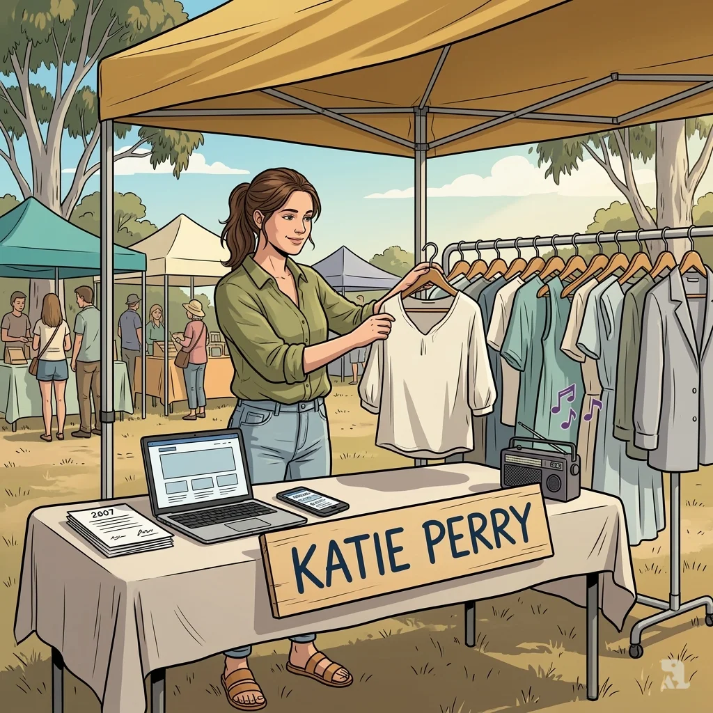 Australian designer Katie Taylor at a market stall in 2007, arranging clothes under a handmade Katie Perry sign with a radio nearby.