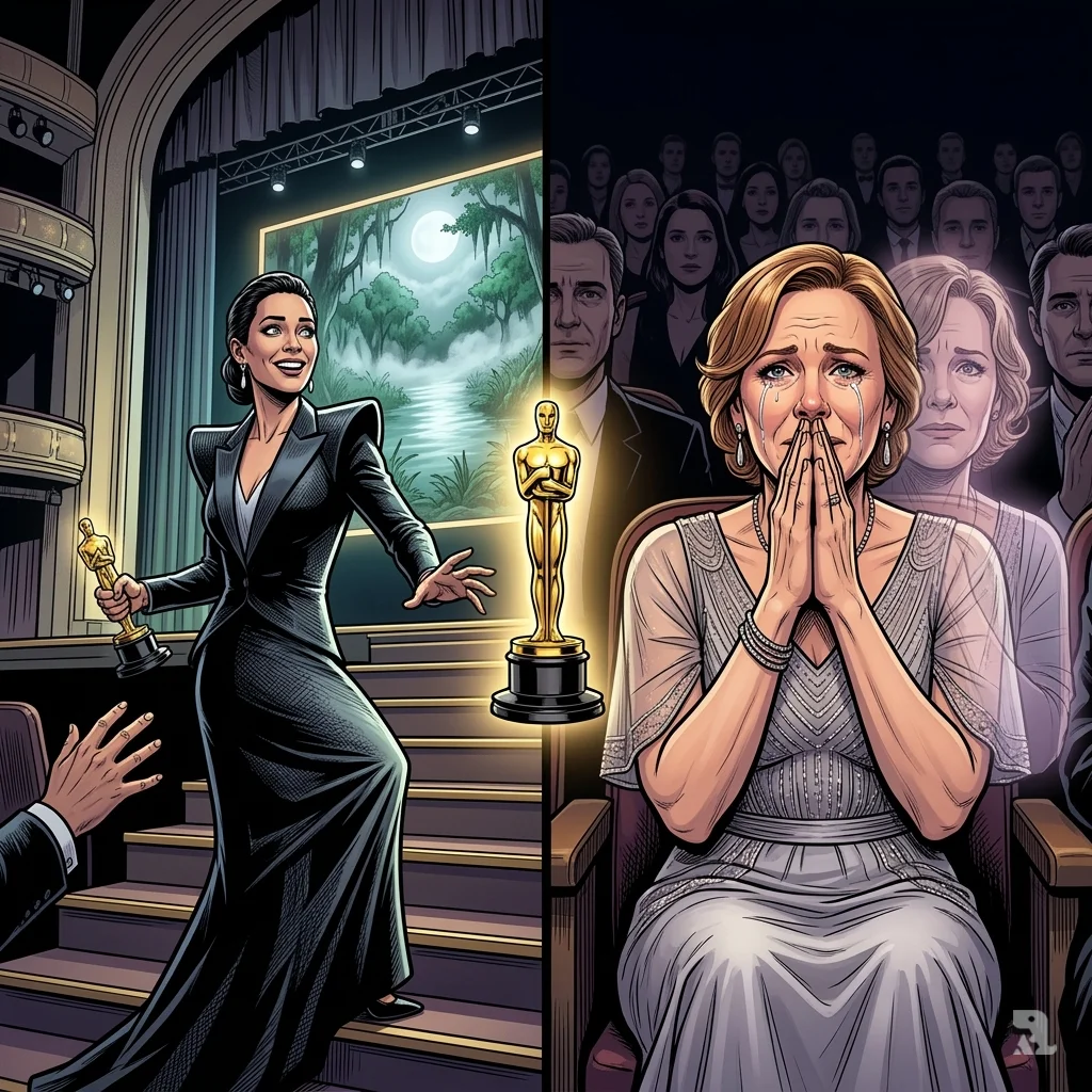 A split-screen image showing two moments of triumph. On the left, cinematographer Autumn Durald Arkapaw ascends the stage, Oscar in hand, with a look of disbelieving triumph. On the right, actor Amy Madigan weeps in the audience, her hands clasped to her mouth, a ghostly double exposure of her younger self visible, symbolizing a 40-year wait for recognition.