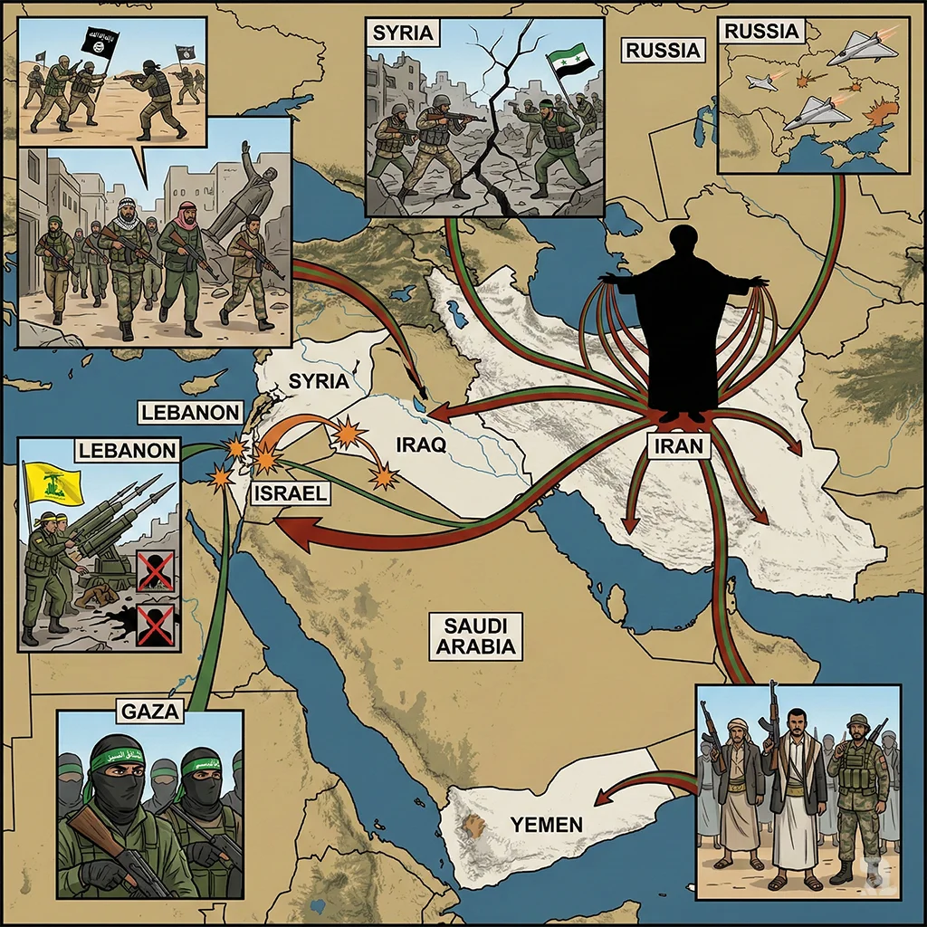 A strategic map of the Middle East with Iran at the center. Red arterial lines extend from Khamenei's silhouette to vignettes showing Iran's "Axis of Resistance": Shiite militias in Iraq, fighters in Syria (marked with a visual crack), Hezbollah forces in Lebanon, Hamas militants in Gaza, and Houthi fighters in Yemen. An inset shows Iranian Shahed drones being used in Ukraine. Missile trajectories are shown arcing toward Israel, and Saudi Arabia is depicted in a defensive posture.