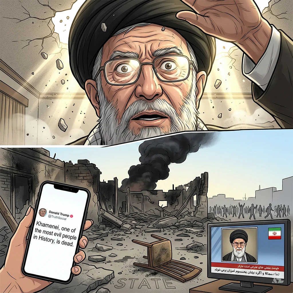 A split composition depicting the final moment and aftermath. The upper portion shows a tight close-up of an elderly Ayatollah Khamenei's face, eyes wide with shock as the ceiling above him cracks and light pours in from an incoming strike. The lower portion shows the destroyed Leadership House compound. In the foreground, a phone displays Donald Trump's Truth Social post announcing Khamenei's death, and an Iranian TV screen confirms it. In the distant background, tiny figures begin to gather in the streets. An overturned chair sits empty in the rubble.