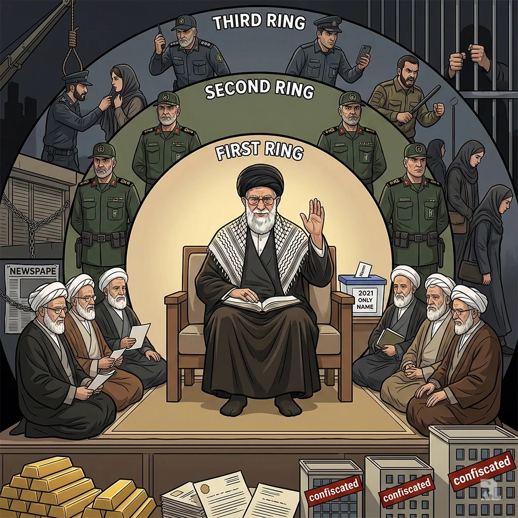 An illustration depicting the layered power structure under Ayatollah Khamenei. An older Khamenei sits on an elevated platform, surrounded by concentric rings of authority. The inner ring includes senior clerics. The next ring shows Islamic Revolutionary Guards Corps (IRGC) commanders. The outer ring depicts the tools of repression: morality police confronting a woman, Basij militiamen with batons, an imprisoned journalist, and an executioner's noose. Stacks of gold bars and seized property deeds are shown at the base of the platform.