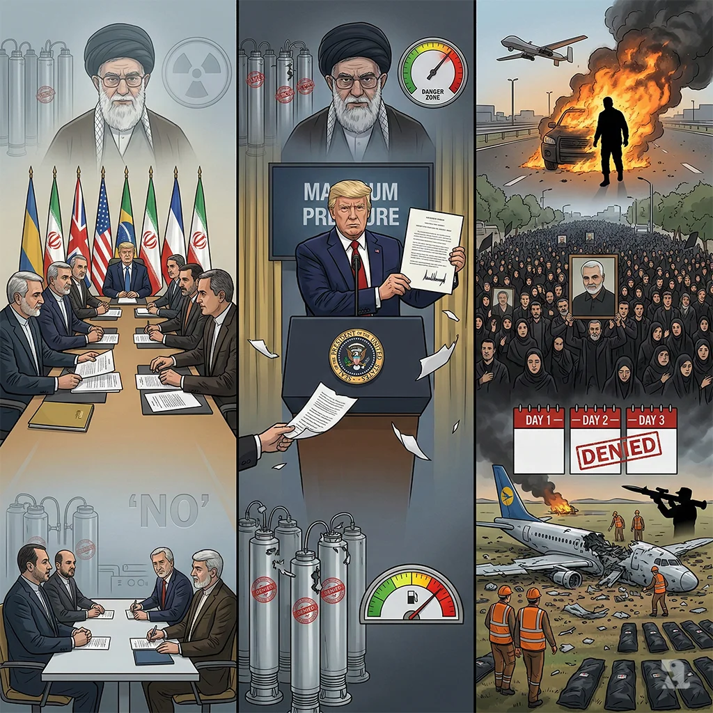 A three-part horizontal illustration tracing the collapse of diplomacy. On the left, Iranian and American diplomats sign the 2015 nuclear deal in Vienna. In the center, Donald Trump holds up the US withdrawal from the deal in 2018 as uranium enrichment resumes. On the right, the aftermath of the 2020 US killing of General Qassim Suleimani is shown alongside the wreckage of Ukrainian Airlines Flight 752, which was shot down by Iran's Revolutionary Guards, killing all 176 onboard.