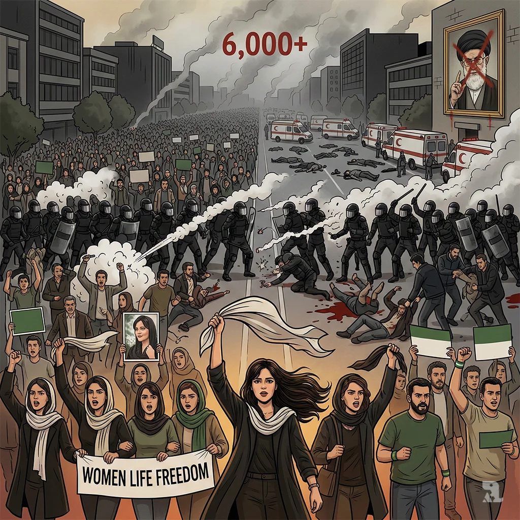 A wide-angle view of a massive protest in Tehran. In the foreground, women lead the march, defiantly removing and waving their headscarves, holding a "Woman Life Freedom" banner. In the midground, security forces in riot gear clash with protesters, firing tear gas. In the background, the scene turns to tragedy with bodies on the ground, representing the 2026 massacre. The number "6,000+" is visible in the smoke-filled sky, and a portrait of Khamenei is being defaced with spray paint.