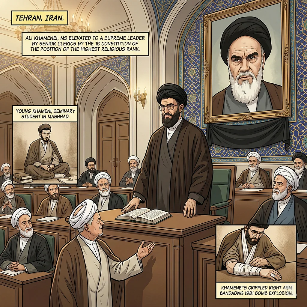 A depiction of the Assembly of Experts chamber in Tehran, 1989. A young Ali Khamenei, wearing a black turban and spectacles, stands at a podium with his injured right arm at his side. Behind him, a large portrait of the late Ayatollah Khomeini hangs beneath a black mourning banner. In the front row, a figure resembling Ali Akbar Rafsanjani gestures toward Khamenei. An inset shows a younger Khamenei as a seminary student, and another shows his arm being bandaged after a 1981 bombing.