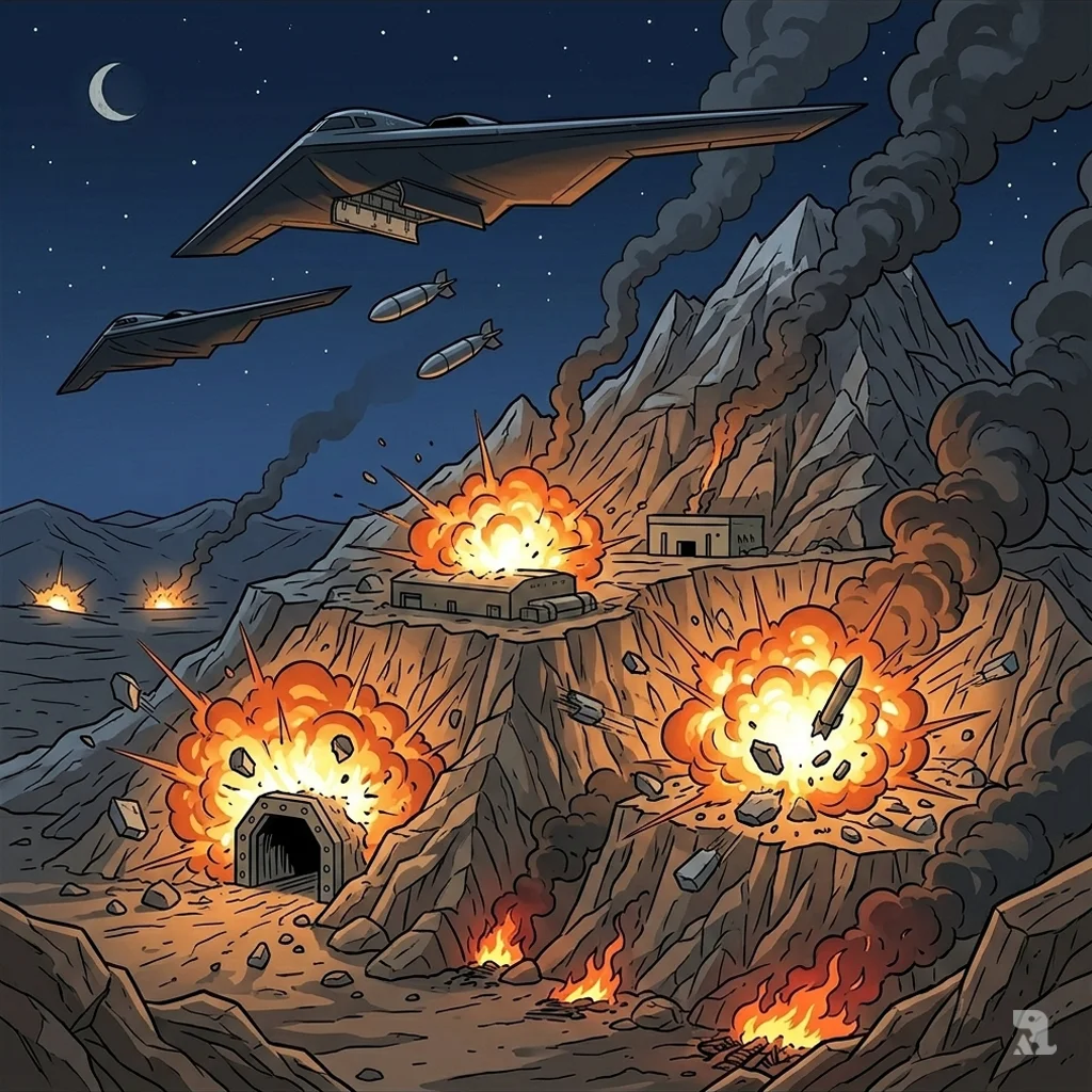 B-2 stealth bombers drop 2,000-pound bombs on a mountainside in Iran, triggering massive explosions and fires at an underground military facility at night.