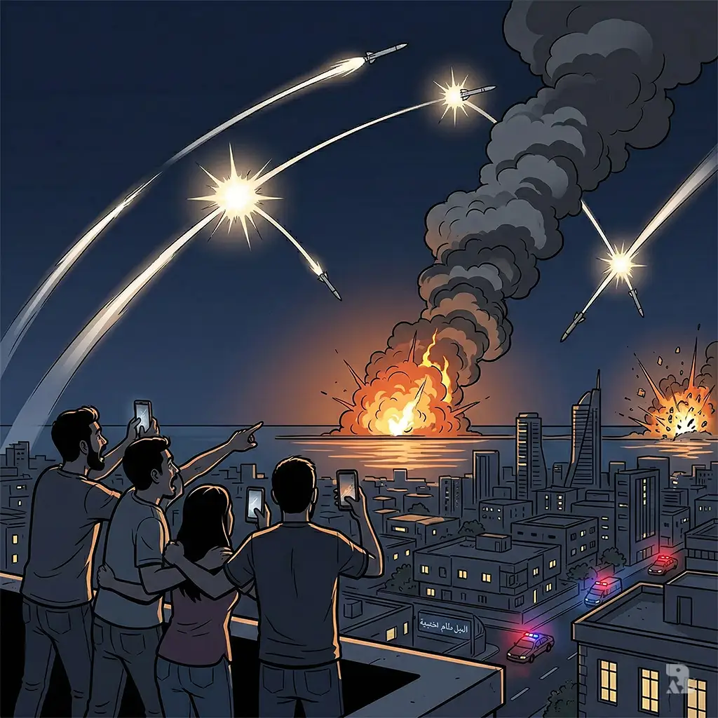 Silhouetted civilians on a Bahrain rooftop watch missile interceptions and explosions lighting up the night sky. A large fireball rises from the US Navy Fifth Fleet service center after being struck during Iranian retaliatory attacks.