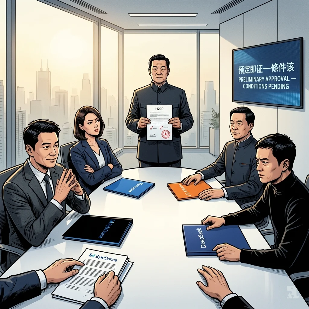 Chinese tech executives from ByteDance, Tencent, Alibaba and DeepSeek await approval as a government official holds document with red chop stamp for NVIDIA H200 chips.
