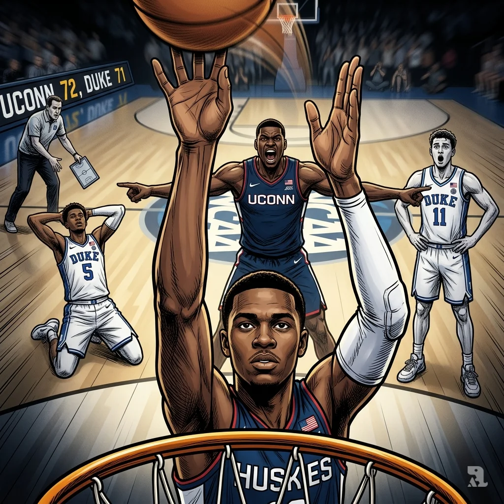 UConn's Braylon Mullins releases the game-winning buzzer-beater against Duke as teammates begin to celebrate behind him.
